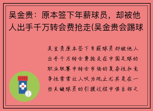 吴金贵：原本签下年薪球员，却被他人出手千万转会费抢走(吴金贵会踢球吗)